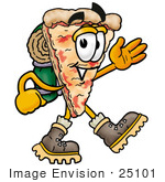 #25101 Clip Art Graphic Of A Cheese Pizza Slice Cartoon Character Hiking And Carrying A Backpack