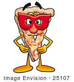 #25107 Clip Art Graphic Of A Cheese Pizza Slice Cartoon Character Wearing A Red Mask Over His Face