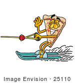 #25110 Clip Art Graphic Of A Cheese Pizza Slice Cartoon Character Waving While Water Skiing