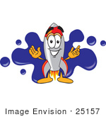 #25157 Clip Art Graphic Of A Space Rocket Cartoon Character Logo With Blue Paint Splatters