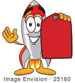 #25160 Clip Art Graphic Of A Space Rocket Cartoon Character Holding A Red Sales Price Tag