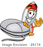 #25174 Clip Art Graphic Of A Space Rocket Cartoon Character With A Computer Mouse