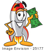 #25177 Clip Art Graphic Of A Space Rocket Cartoon Character Holding A Dollar Bill