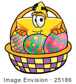#25186 Clip Art Graphic Of A Yellow Star Cartoon Character In An Easter Basket Full Of Decorated Easter Eggs
