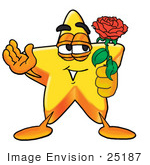 #25187 Clip Art Graphic Of A Yellow Star Cartoon Character Holding A Red Rose On Valentines Day