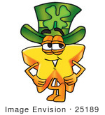 #25189 Clip Art Graphic Of A Yellow Star Cartoon Character Wearing A Saint Patricks Day Hat With A Clover On It