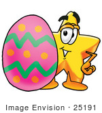 #25191 Clip Art Graphic Of A Yellow Star Cartoon Character Standing Beside An Easter Egg