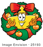 #25193 Clip Art Graphic Of A Yellow Star Cartoon Character In The Center Of A Christmas Wreath