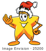 #25200 Clip Art Graphic Of A Yellow Star Cartoon Character Wearing A Santa Hat And Waving