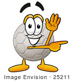 #25211 Clip Art Graphic Of A White Soccer Ball Cartoon Character Waving And Pointing