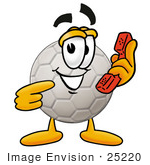 #25220 Clip Art Graphic Of A White Soccer Ball Cartoon Character Holding A Telephone