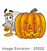#25222 Clip Art Graphic Of A White Soccer Ball Cartoon Character With A Carved Halloween Pumpkin