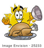 #25233 Clip Art Graphic Of A Yellow Sun Cartoon Character Serving A Thanksgiving Turkey On A Platter