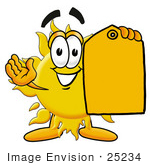 #25234 Clip Art Graphic Of A Yellow Sun Cartoon Character Holding A Yellow Sales Price Tag
