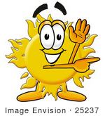 #25237 Clip Art Graphic Of A Yellow Sun Cartoon Character Waving And Pointing
