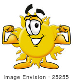 #25255 Clip Art Graphic Of A Yellow Sun Cartoon Character Flexing His Arm Muscles