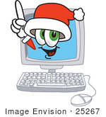 #25267 Clip Art Graphic Of A Santa Claus Cartoon Character Waving From Inside A Computer Screen