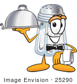 #25290 Clip Art Graphic Of A Salt Shaker Cartoon Character Dressed As A Waiter And Holding A Serving Platter