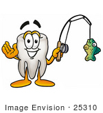 #25310 Clip Art Graphic Of A Human Molar Tooth Character Holding A Fish On A Fishing Pole