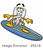 #25319 Clip Art Graphic Of A Human Molar Tooth Character Surfing On A Blue And Yellow Surfboard