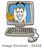 #25332 Clip Art Graphic Of A Human Molar Tooth Character Waving From Inside A Computer Screen