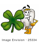 #25334 Clip Art Graphic Of A Human Molar Tooth Character With A Green Four Leaf Clover On St Paddy’S Or St Patricks Day