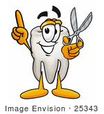 #25343 Clip Art Graphic Of A Human Molar Tooth Character Holding A Pair Of Scissors