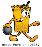 #25387 Clip Art Graphic Of A Golden Admission Ticket Character Holding A Bowling Ball