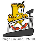 #25390 Clip Art Graphic Of A Golden Admission Ticket Character Walking On A Treadmill In A Fitness Gym