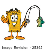 #25392 Clip Art Graphic Of A Golden Admission Ticket Character Holding A Fish On A Fishing Pole