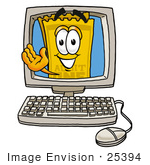 #25394 Clip Art Graphic Of A Golden Admission Ticket Character Waving From Inside A Computer Screen