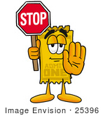 #25396 Clip Art Graphic Of A Golden Admission Ticket Character Holding A Stop Sign