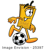 #25397 Clip Art Graphic Of A Golden Admission Ticket Character Kicking A Soccer Ball