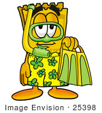 #25398 Clip Art Graphic Of A Golden Admission Ticket Character In Green And Yellow Snorkel Gear