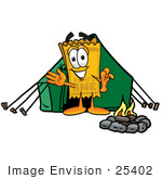 #25402 Clip Art Graphic Of A Golden Admission Ticket Character Camping With A Tent And Fire