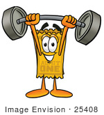 #25408 Clip Art Graphic Of A Golden Admission Ticket Character Holding A Heavy Barbell Above His Head