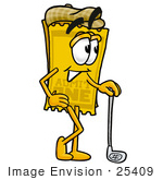 #25409 Clip Art Graphic Of A Golden Admission Ticket Character Leaning On A Golf Club While Golfing