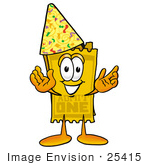 #25415 Clip Art Graphic Of A Golden Admission Ticket Character Wearing A Birthday Party Hat