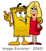 #25421 Clip Art Graphic Of A Golden Admission Ticket Character Talking To A Pretty Blond Woman