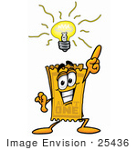 #25436 Clip Art Graphic Of A Golden Admission Ticket Character With A Bright Idea