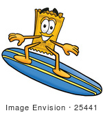 #25441 Clip Art Graphic Of A Golden Admission Ticket Character Surfing On A Blue And Yellow Surfboard
