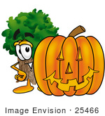 #25466 Clip Art Graphic Of A Tree Character With A Carved Halloween Pumpkin