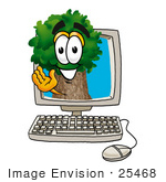#25468 Clip Art Graphic Of A Tree Character Waving From Inside A Computer Screen