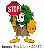 #25485 Clip Art Graphic Of A Tree Character Holding A Stop Sign