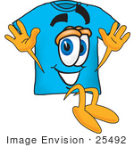 #25492 Clip Art Graphic Of A Blue Short Sleeved T Shirt Character Jumping