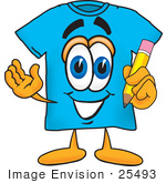 #25493 Clip Art Graphic Of A Blue Short Sleeved T Shirt Character Holding A Pencil