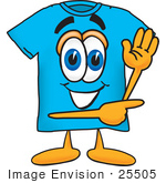 #25505 Clip Art Graphic Of A Blue Short Sleeved T Shirt Character Waving And Pointing