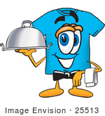 #25513 Clip Art Graphic Of A Blue Short Sleeved T Shirt Character Dressed As A Waiter And Holding A Serving Platter