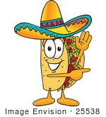 #25538 Clip Art Graphic Of A Crunchy Hard Taco Character Waving And Pointing