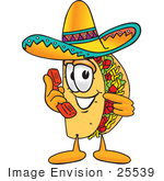 #25539 Clip Art Graphic Of A Crunchy Hard Taco Character Holding A Telephone